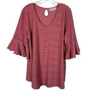 Stem & Vine Pink Ruffle Sleeve No-Iron Liquid Knit V-Neck Blouse Plus Size 1X